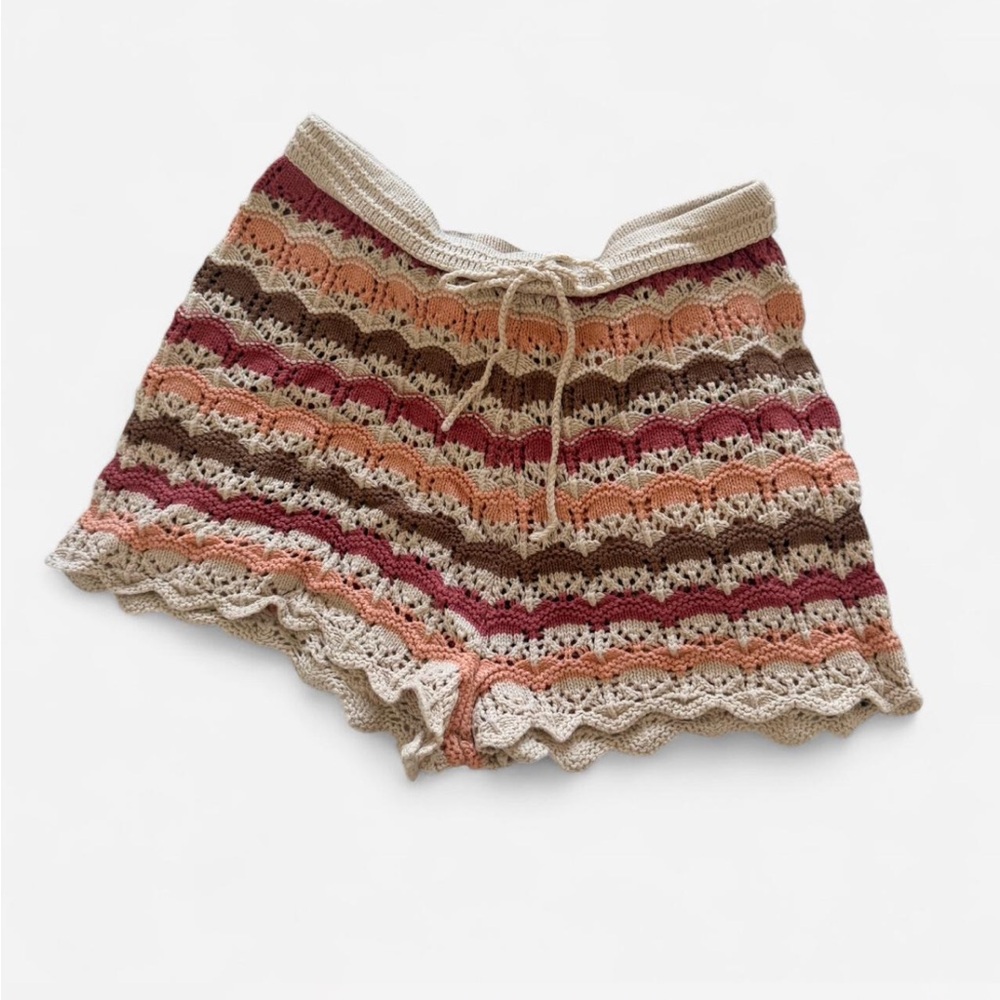 Crocheted Stripe Summer Shorts in Cream, Pink, Brown